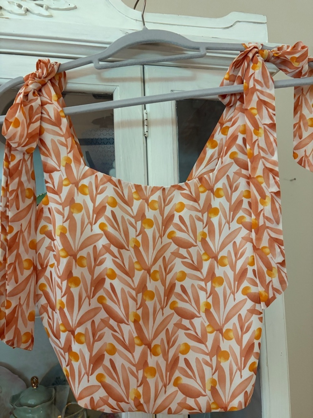 Lucy Paris two piece set orange/white olive stem pattern tie up shoulders S/ 38. - Picture 7 of 8